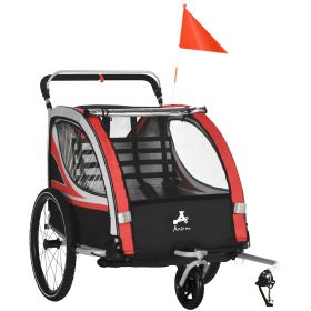 Aosom 3-in-1 Bike Trailer for Kids Red Running Stroller Jogging Cart with 2 Seats 5-Point Harness Storage for Active Families Outdoor Fun